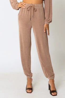 Shimmer To It Taupe Lurex Jogger Pants