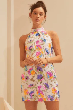 Love In Bloom White Sequin Mock Neck Mini Dress