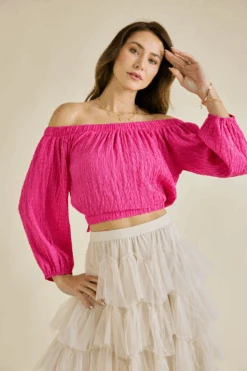 Alyssa Pink Off-The-Shoulder Long Sleeve Top